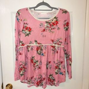 Reb & J Pink Floral Long Sleeve pink Babydoll Blouse Medium
